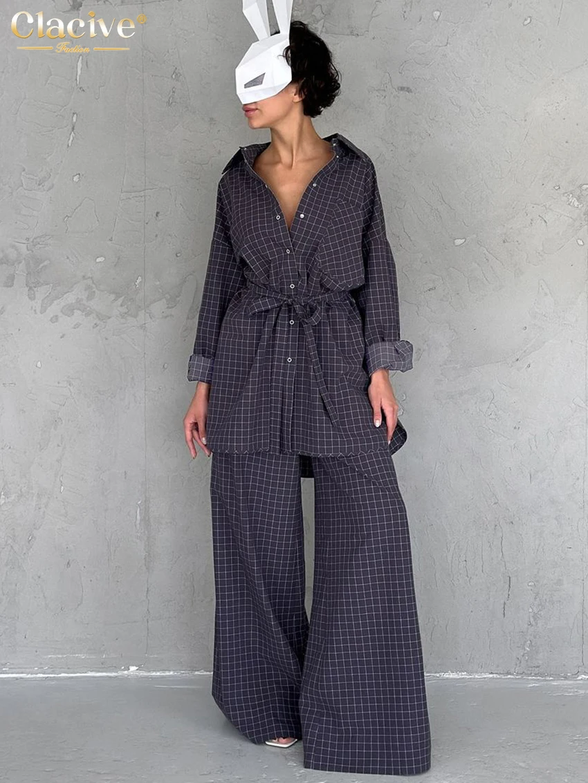 

Clacive Fashion Loose Plaid Women's Two Pieces Set 2024 Elegant Long Sleeve Shirt With High Waist Wide Pants Set Streetwear