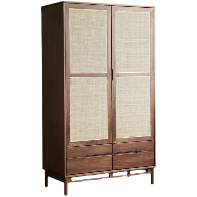 

Nordic simple solid wood wardrobe household rattan storage double door locker cherry wood