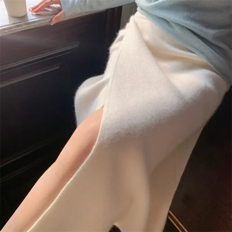 Black Cream Gentle Knit Midi Length Skirts Women High Waist Side Split Slim Straight Autumn Winter Soft Warm Knit Long Skirts