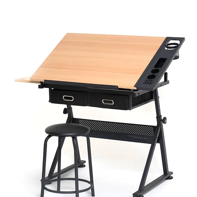 Multifunctional Artists Sketching Station Adjustable Tilting Wood Tabletop Drawing Desk A1 Drafting Table With 2 Drawer