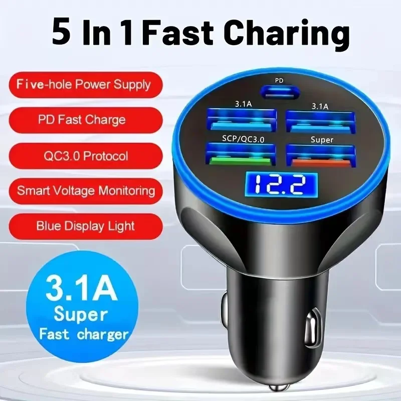 5-Port Auto-Telefonladegerät Adapter PD + QC 3.0 Schnellladung 4-Port USB Autoladegerät Typ C PD35W Autoladegerät mit Digitalanzeige