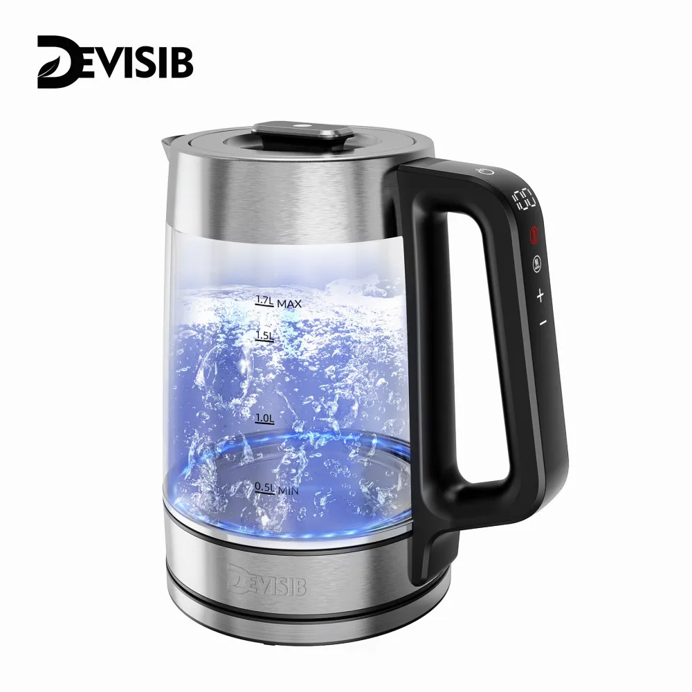 

DEVISIB Dual Wall Electric Glass Kettle, Live Temperature Display, 2200W Fast Boiling, Temperature Control, 24-Hour Keep Warm