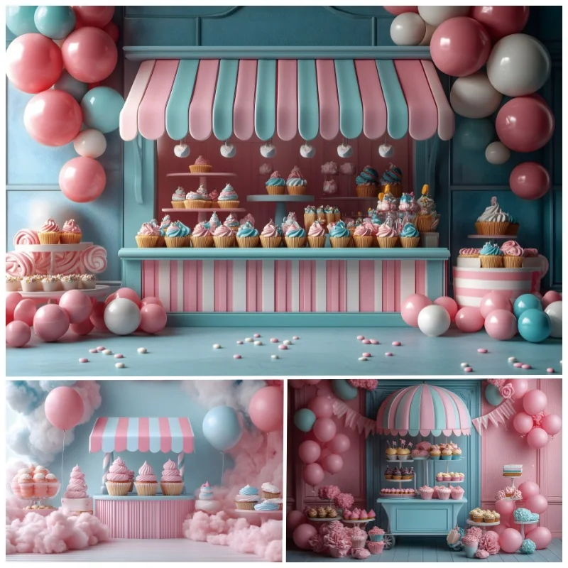 

Sweet Cake Dessert Shop Baby Birthday Party Backdrop Colorful Balloons Cake Store Girls Birthday Decor Portrait Photo Background