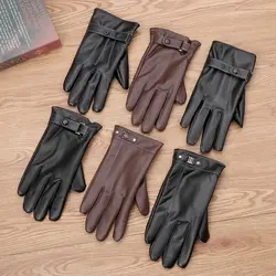 Men Winter Leather Fleece Thermal Leather Gloves  Warm Touch Screen Windproof Waterproof Driving Gloves Full Finger Black Gloves