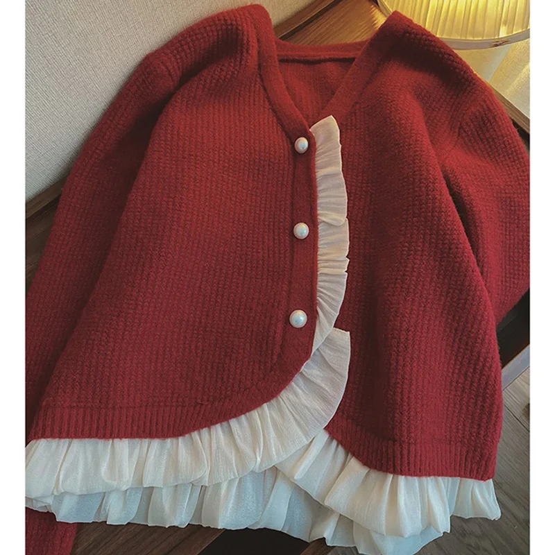 Women's Sweaters 2023 Spring Korean Vintage V-neck Pearl Button Ruffled Patchwork Pink Cropped Cardigan Long Sleeve Knitted Coat