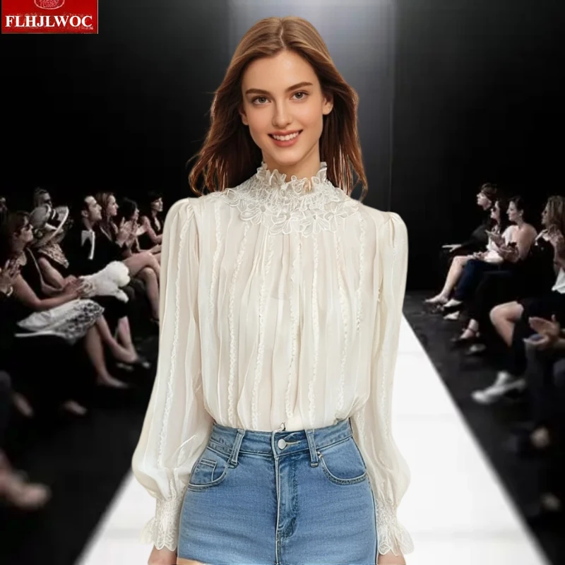 

Turtleneck Basic Shirts Blouses Women Fashion Long Sleeve Elegant Office Lady Work Solid Retro White Ruffled Chic Tops Blusas