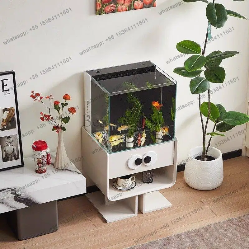 New creative fish tank living room TV cabinet next to floor-to-ceiling small ultra-white glass goldfish aquarium