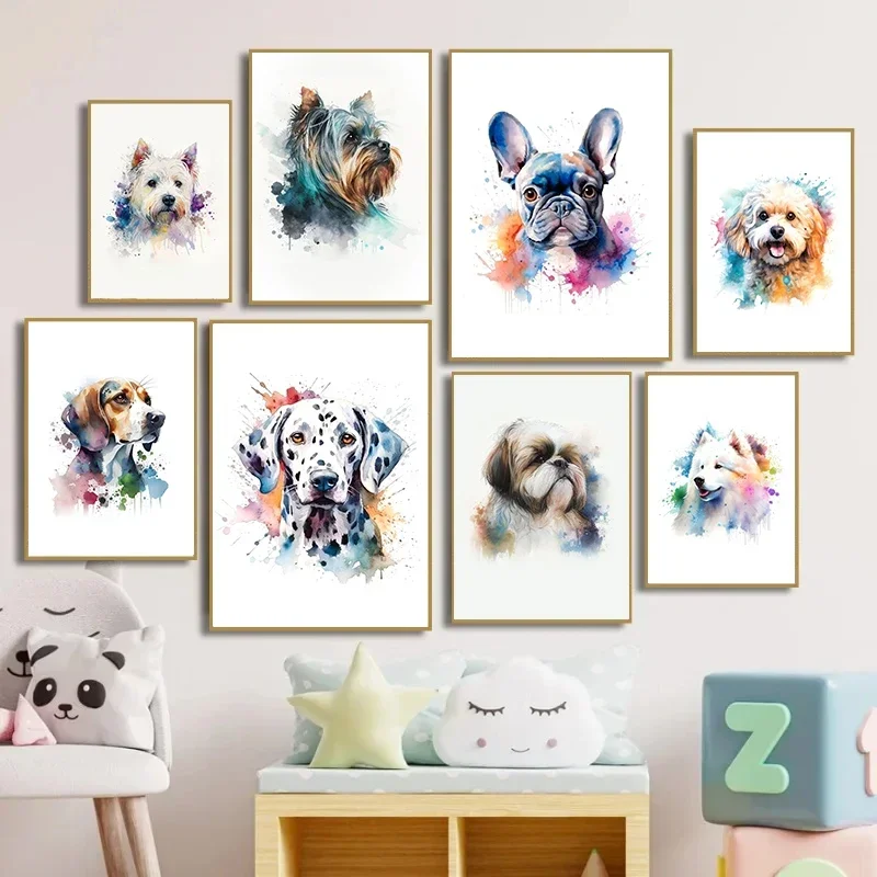 2026 Watercolor Dogs French Bulldog Dalmatian Black Terrier Cute Pet Poster Print Canvas Painting Animal Wall Art Room Home Deco