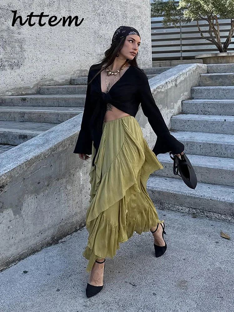 

Elegant Women's Cascading Ruffles Asymmetric Long Skirts Elastic High Waist Pleated Female Skirt 2025 Summer Lady Party Clothes