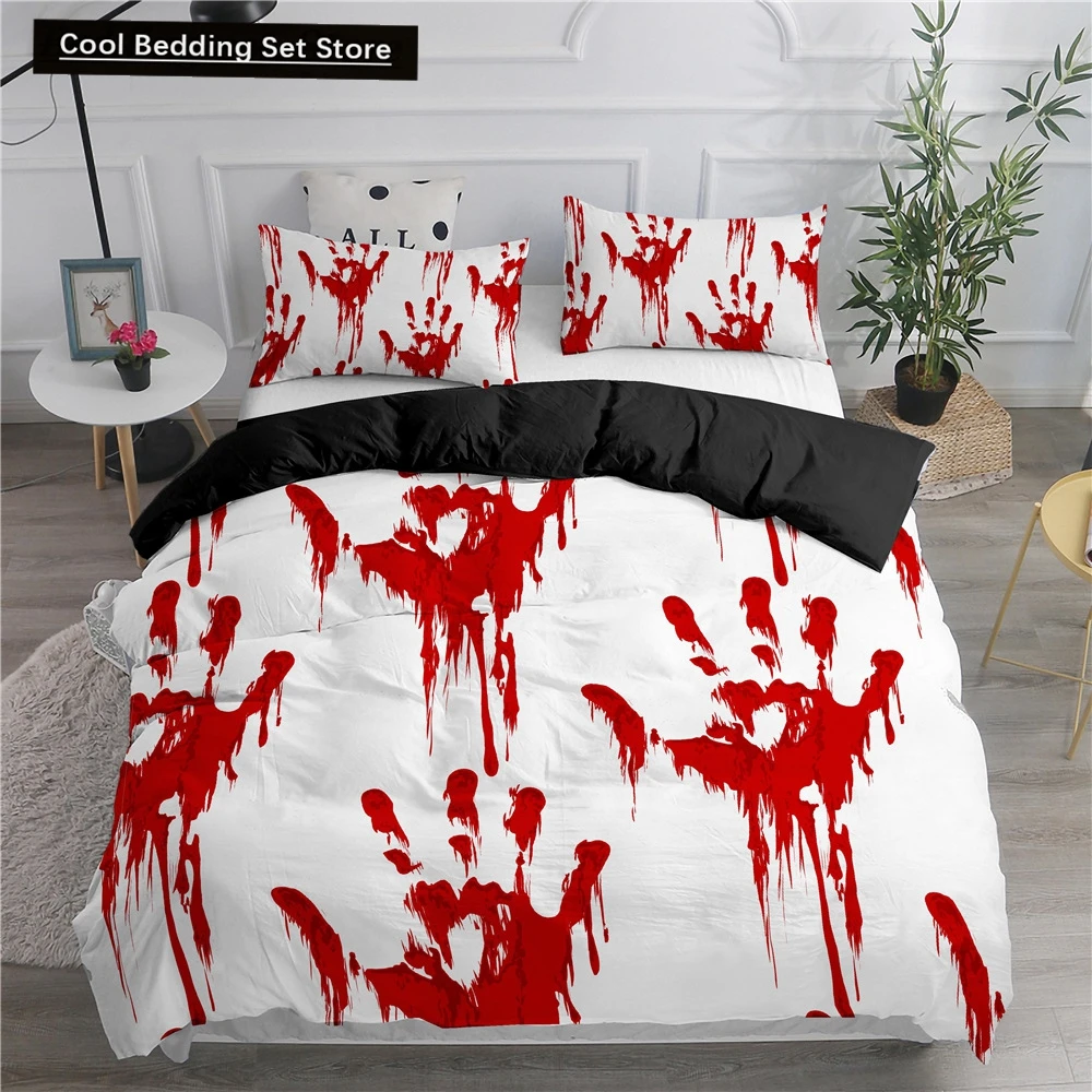 

Halloween King Queen Duvet Cover Horror Blood Hand Bedding Set for Teens Scary Red Blood Stains 2/3pcs Polyester Quilt Cover