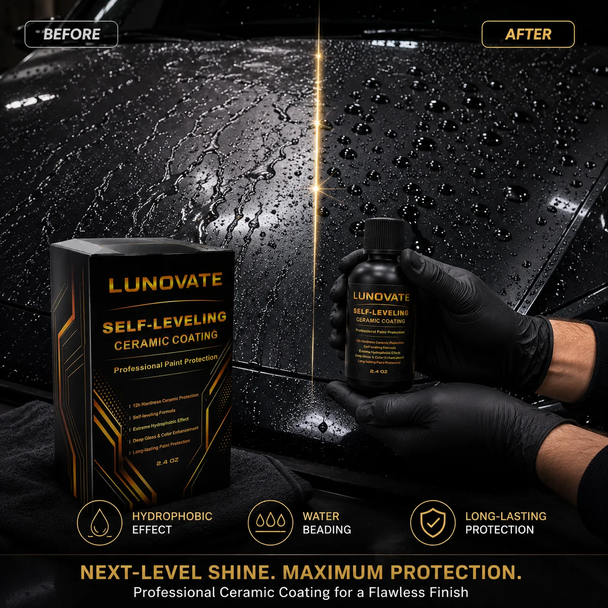 Professional Ceramic Coating 2.4OZ – Self-Leveling, Hydrophobic, Long-Lasting Paint Shield & Shine