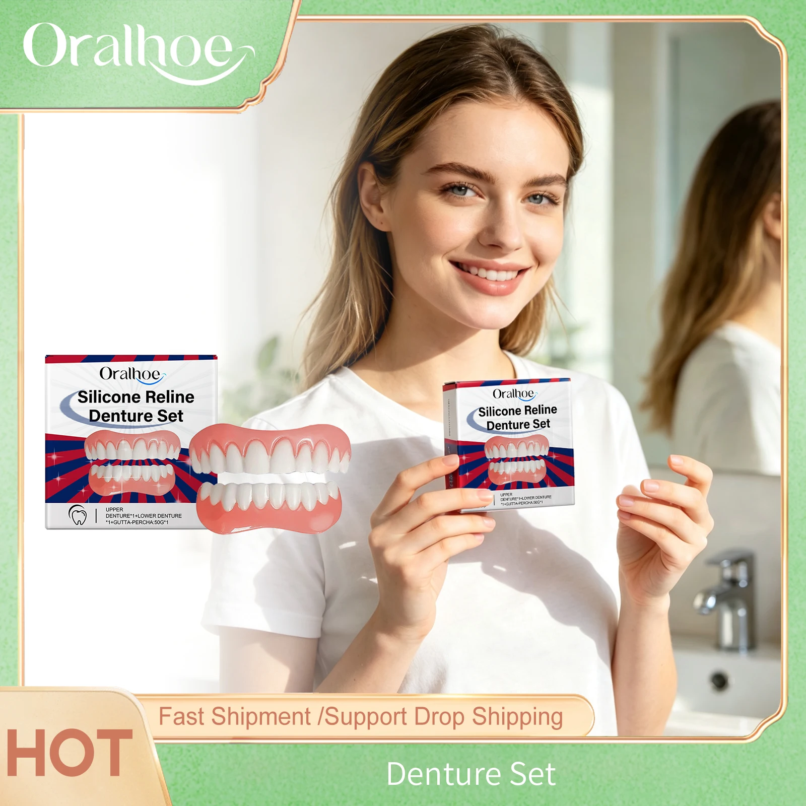 Denture Full Set Fake Teeth Natural Over Gums Full Mouth Soft Easy Use Sample Models Adult Portable Denture Adhesive False Teeth