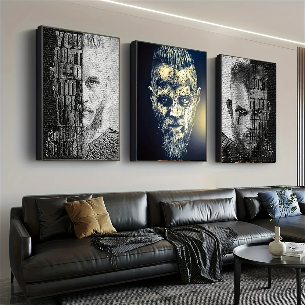 3pcs Viking King Ragnar Lothbrok Canvas Art Set - Inspirational Quotes & Striking Modern Portraits, Frameless Wall Decor for Liv
