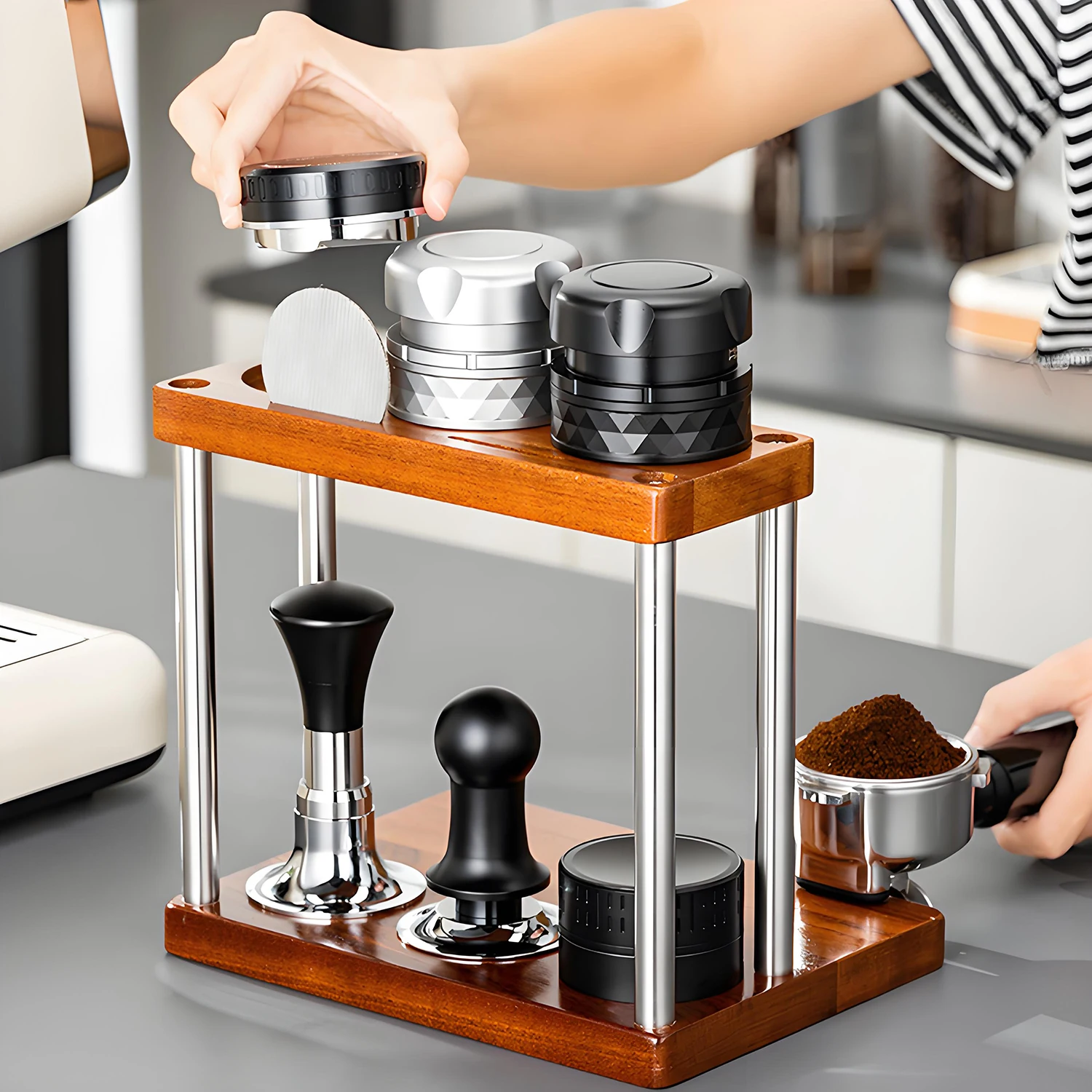 Espresso Tamping Station for 51-58mm Coffe Tool Accessories,Coffee Bar Organizer For Distributor Dosing Funnel with Puck Screen,