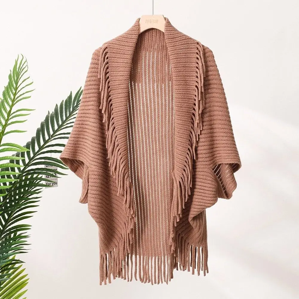 

Outfit Accessory Fringe Women's Shawl Mid-Length V-neck Knitted Cardigan Loose Fit Soft Wraps Scarf Coat Mom Gift