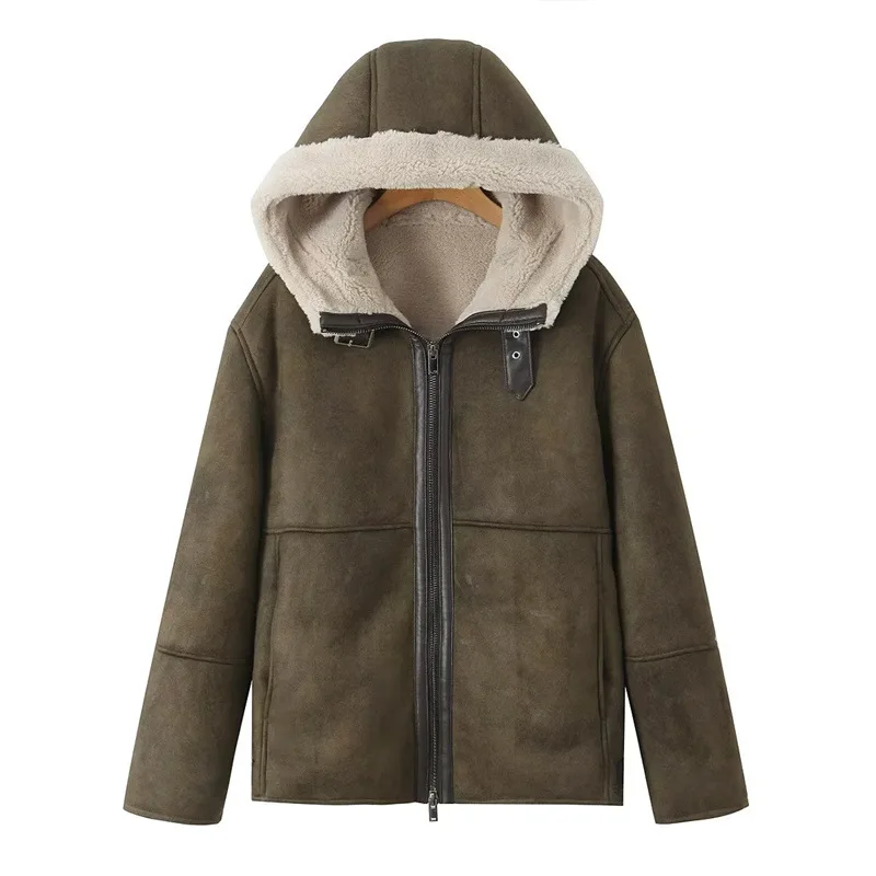 

Цельная меховая куртка средней длины в европейском и американском стиле с капюшоном, зимняя модная универсальная свободная теплая флисовая повседневная куртка для женщин