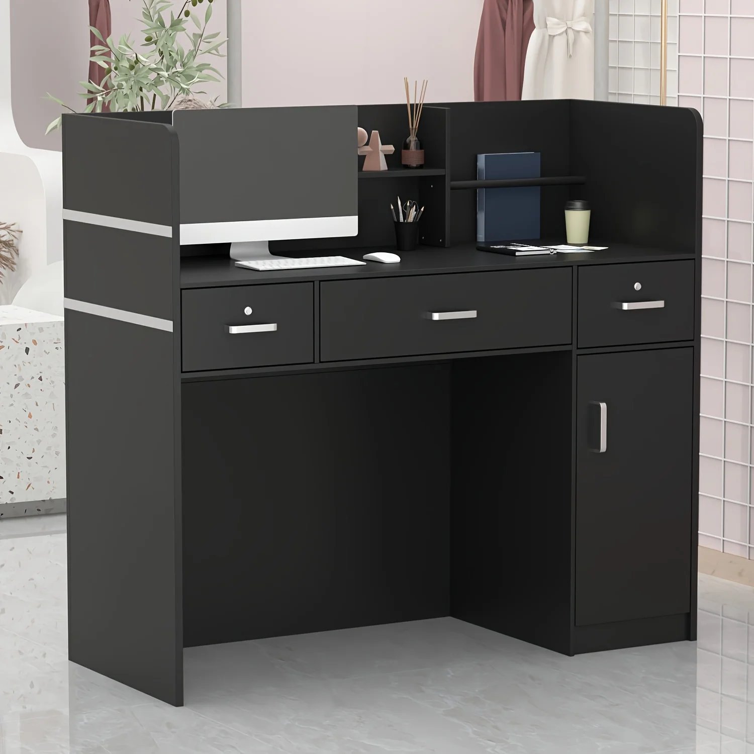 

Modern Computer Desk with Drawers And Open Shelves, Functional Workstation for Home Office, Wood Home Office Desk Station