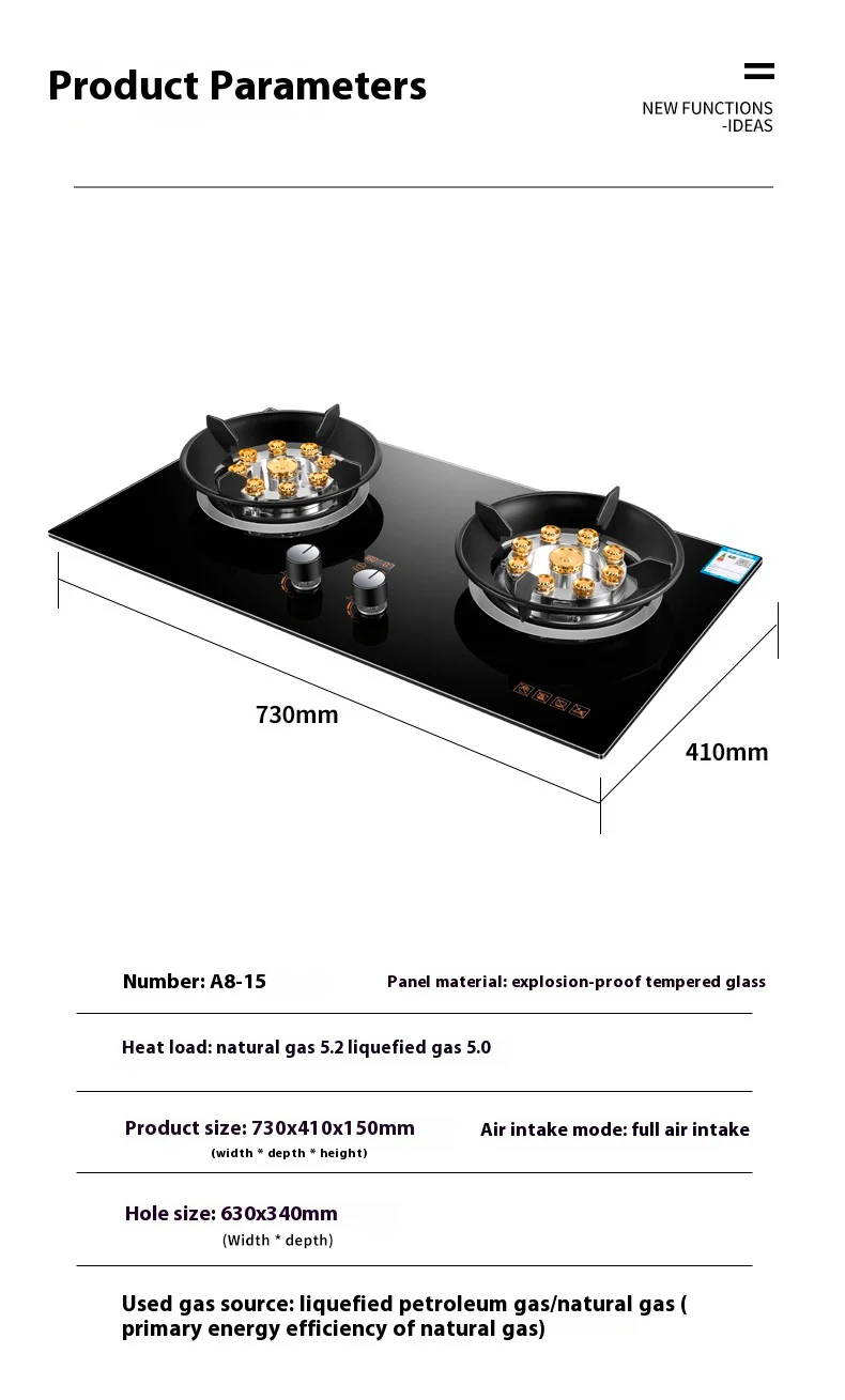 Fornello a gas a risparmio energetico da 5,2 kW 2 fuochi Doppio tavolo GPL per uso domestico Piano cottura a gas naturale Piano cottura a gas incorporato con fuoco feroce