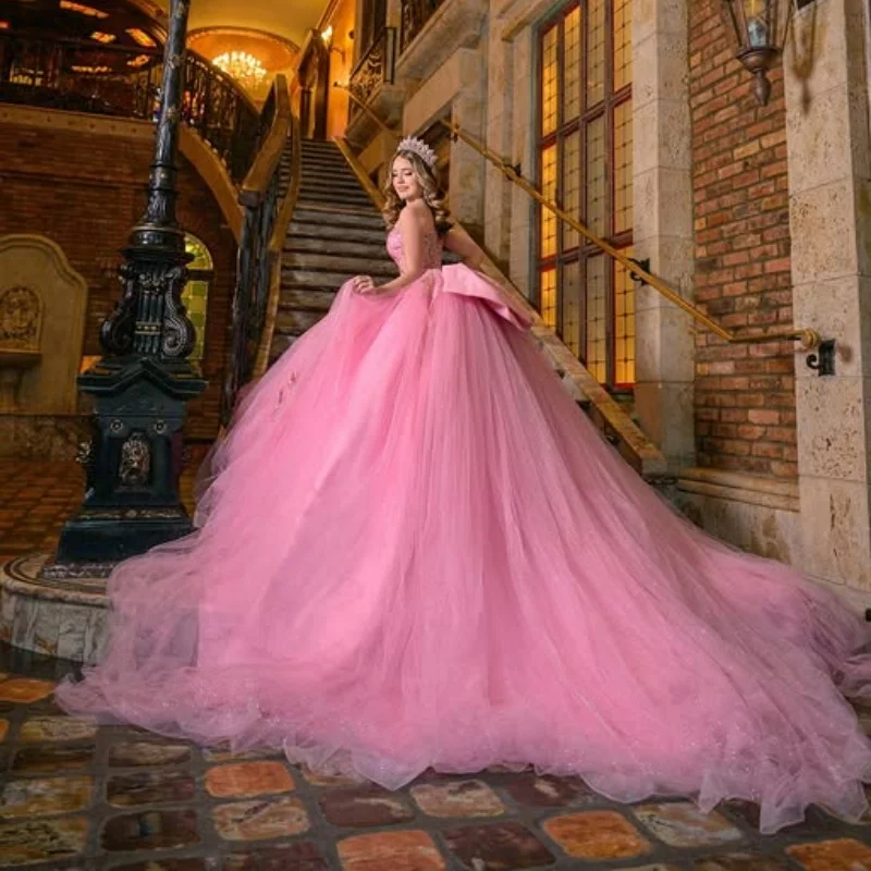 Customized Shiny peach pink Quinceanera Dresses Off the Shoulder sequin applique crystal Bow Long tail Vestido 15 Quinceanera