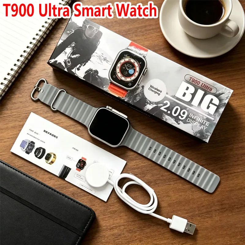 Original t900 ultra relógio inteligente 49mm 2.09 "carregador sem fio bluetooth chamada freqüência cardíaca esporte smartwatch para homens mulheres ios android