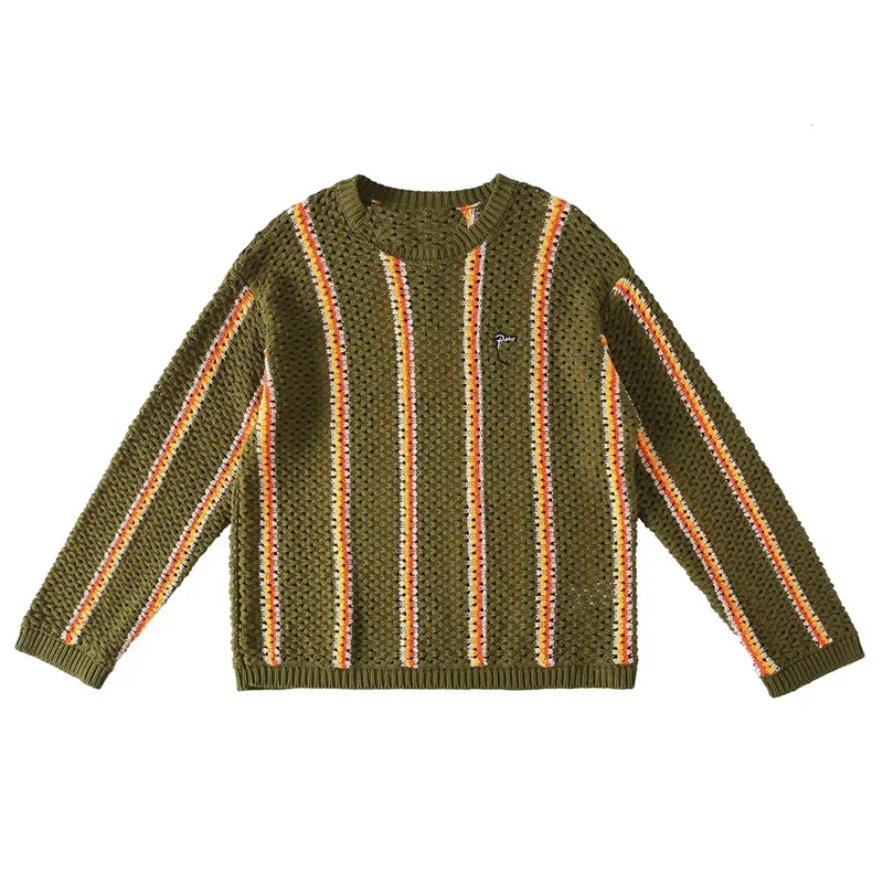 

Autumn and winter Patta colorful striped hollow sweater embroidered logo loose round neck men's knitted sweater