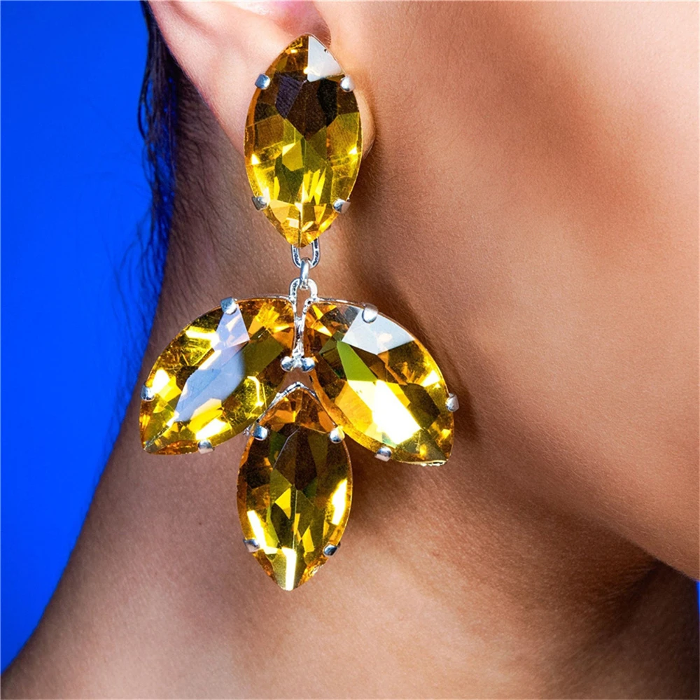 Fashion Shiny Yellow Large Crystal Rhinestone Earrings Luxury Evening Party Super Sparkling Large Rhinestone Earrings Jewelry