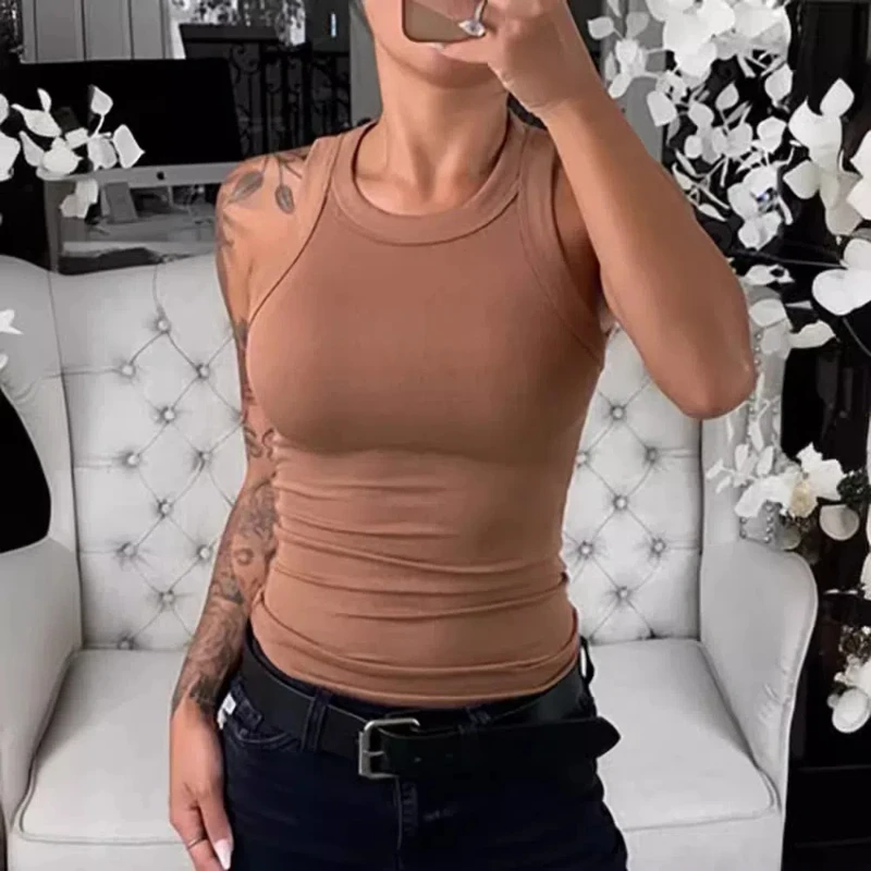

Fashion Simple Vest Women Tank Tops Summer Knitted Sleeveless Camis Sexy O-neck Casual Slim Fit Solid Color Clothes 30753
