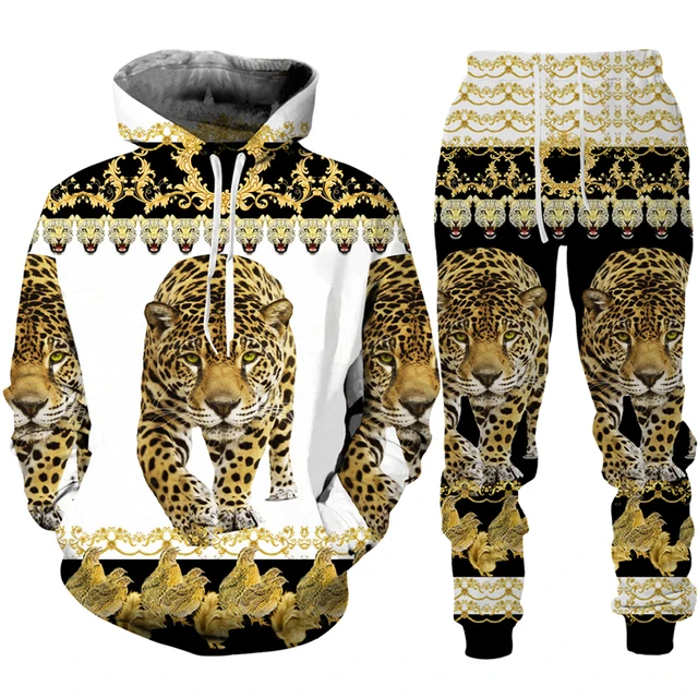 Men's Hoodie Pants Suit Leopard Golden Pattern Sportswear Set 3D Print Women Fashion Tracksuit Jogging Clothes For Men Clothing