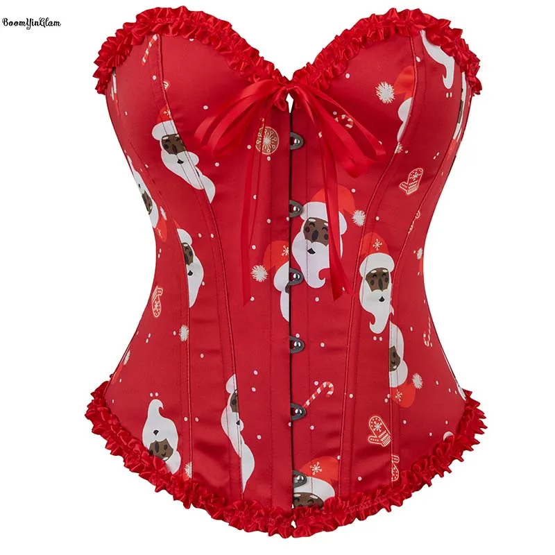 

Красный рождественский атласный корсет с застежкой спереди и кружевной отделкой с цветочным принтом, корсет на костях, топ для женщин