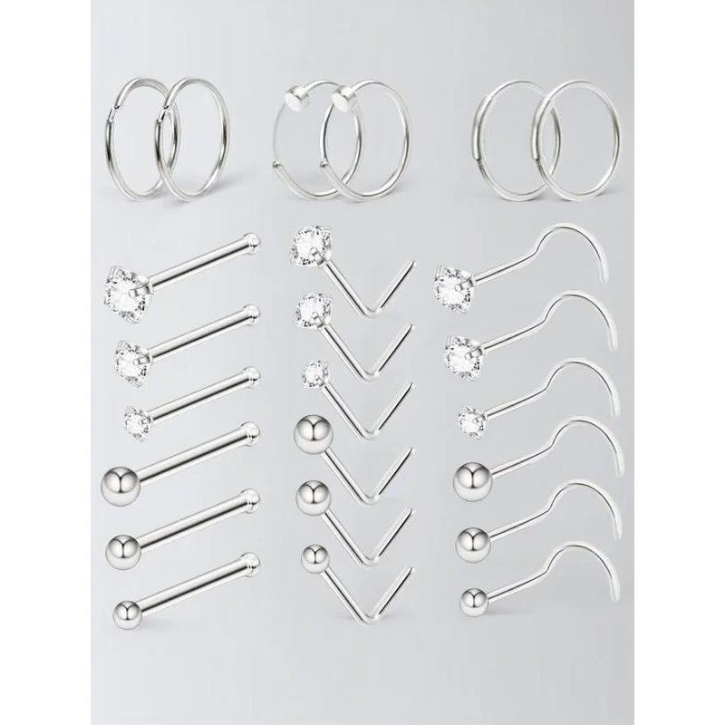 Minimalist Funky Rhinestones Decor Nose Ring, 24pcs/set Stainless Steel Nose Stud Set for Women & Girls for Gift, Body Jewelry f