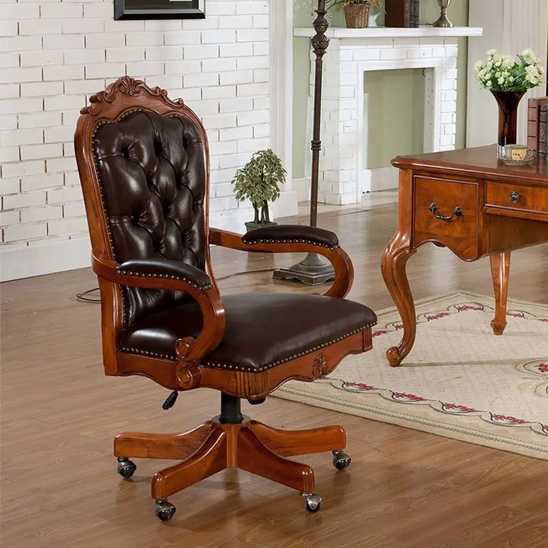 American leather swivel chair European solid wood boss chair can be lifted and rotated luxury engraved business office