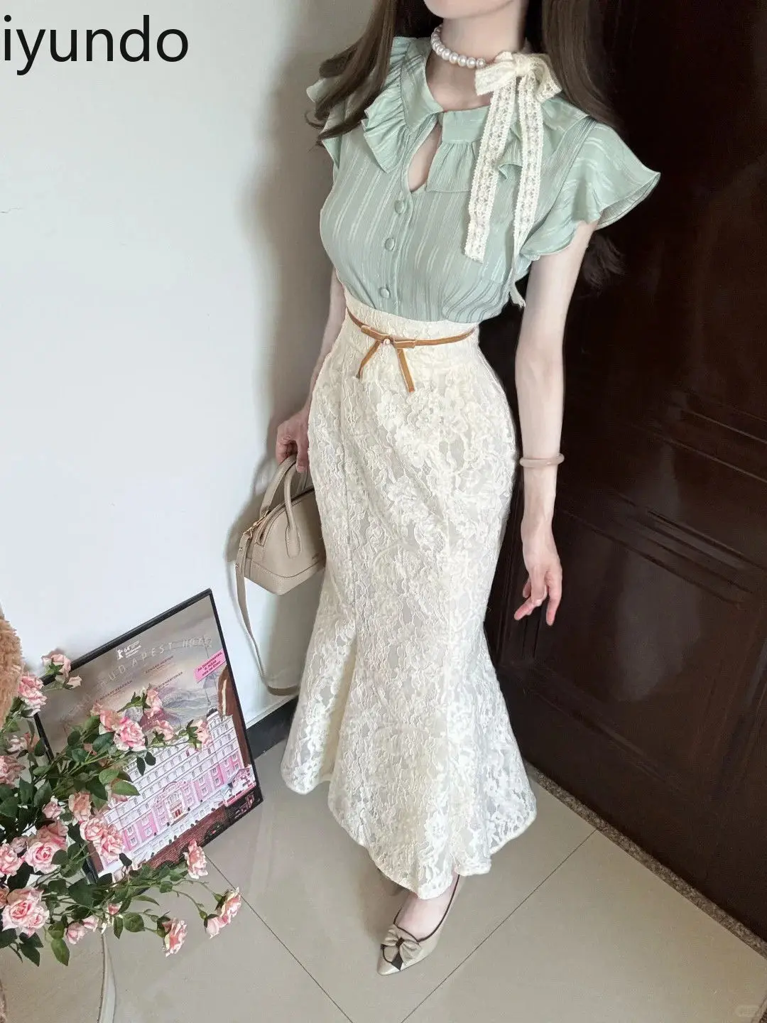 2025 Summer Women's Set French Vintage Ruffled Sleeves Blouse & High Waist Hip-Hugger Lace Mermaid Skirt Elegant Boho Outfit