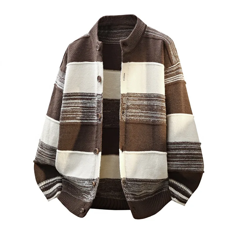 가을 겨울 스탠드 칼라 루즈 스웨터 남성 코트 버튼 긴팔 가디건 배색 패션 상의