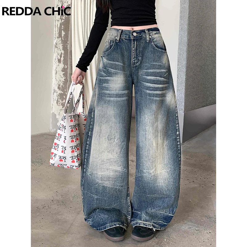 กางเกงยีนส์ทรงแบ็กกี้ผ้าเรดดาชิค แต่งลายวินเทจ สไตล์เกาหลี เอวต่ำ ทรงหลวม ขากว้าง ทรงกระบอก สตรีทแวร์ ยุค Y2K