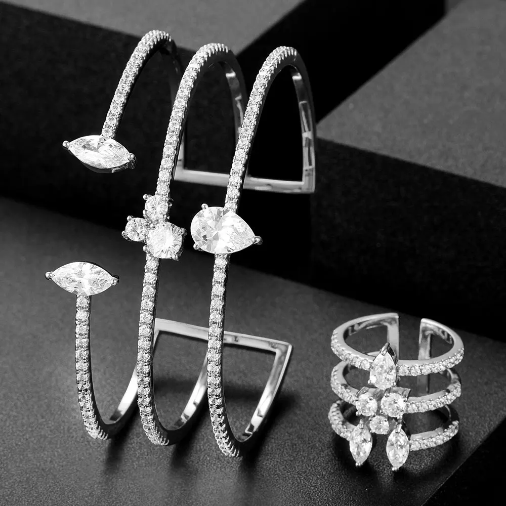 GODKI Luxury Square 2pcs Bangle Ring Set For Women Full Micro Cubic Zircon Pave Party Wedding Saudi Arabic Dubai Jewelry Sets