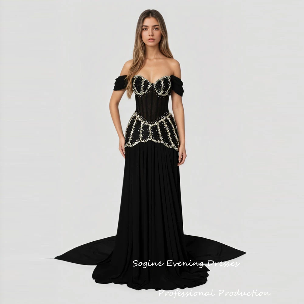 

Off Shoulder Chiffon Prom Dresses For Sexy Women Sweetheart Neck Evening Dress With Crystal-Embellished Long Train Gowns