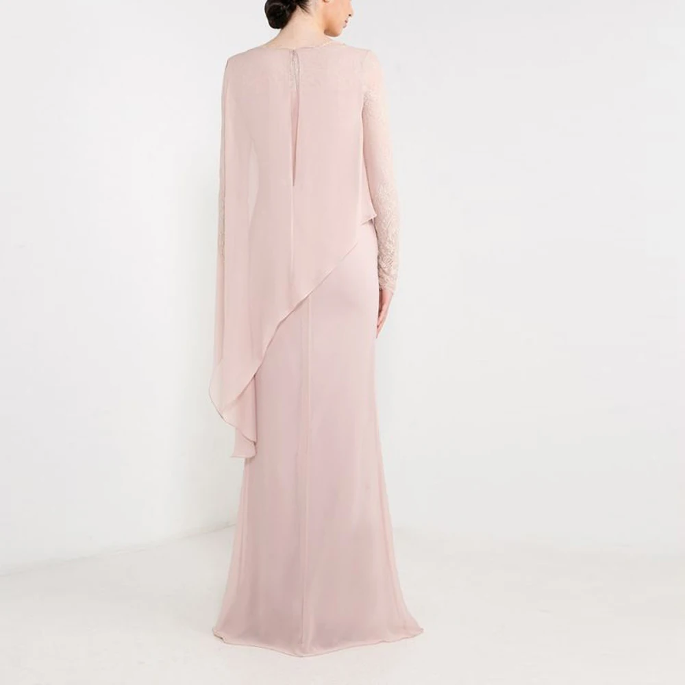 Customized Pink Sheath Mother of the Bride Dress Lace Full Sleeve Wedding Guest Gown Cape Sleeve Column Formal Dresses