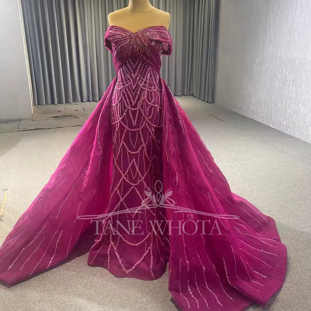 Rose-Red Off The Shoulder Beaded Evening Dress With Sweetheart Lace Up Back And Detachable Train For Luxury Prom Occasions