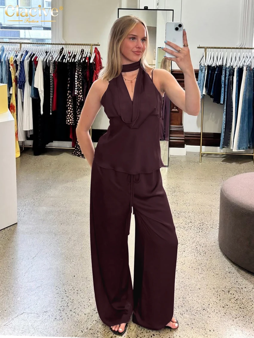 

Clacive Summer Loose Wine Red 2 Pieces Set For Woman Sexy Sleeveless Tank Top With High Waist Wide Pants Set Female Clothing