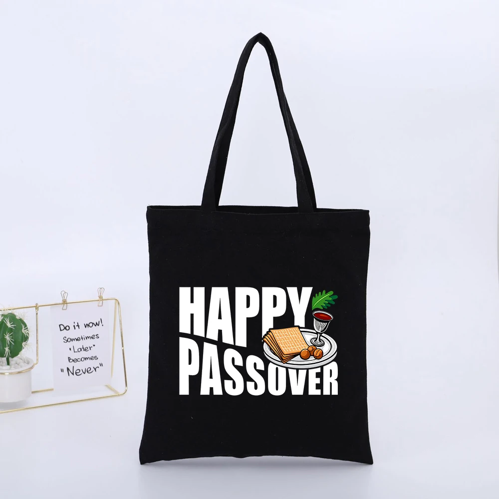 Happy Passover Typography Canvas Tote Bag, Casual Style for Holiday Gatherings