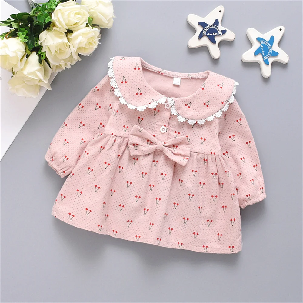 Spring and Autumn Children's Dress Girl's Cartoon Cherry Print Doll Neck Bow Long Sleeve Sweet and Cute Princess Dress