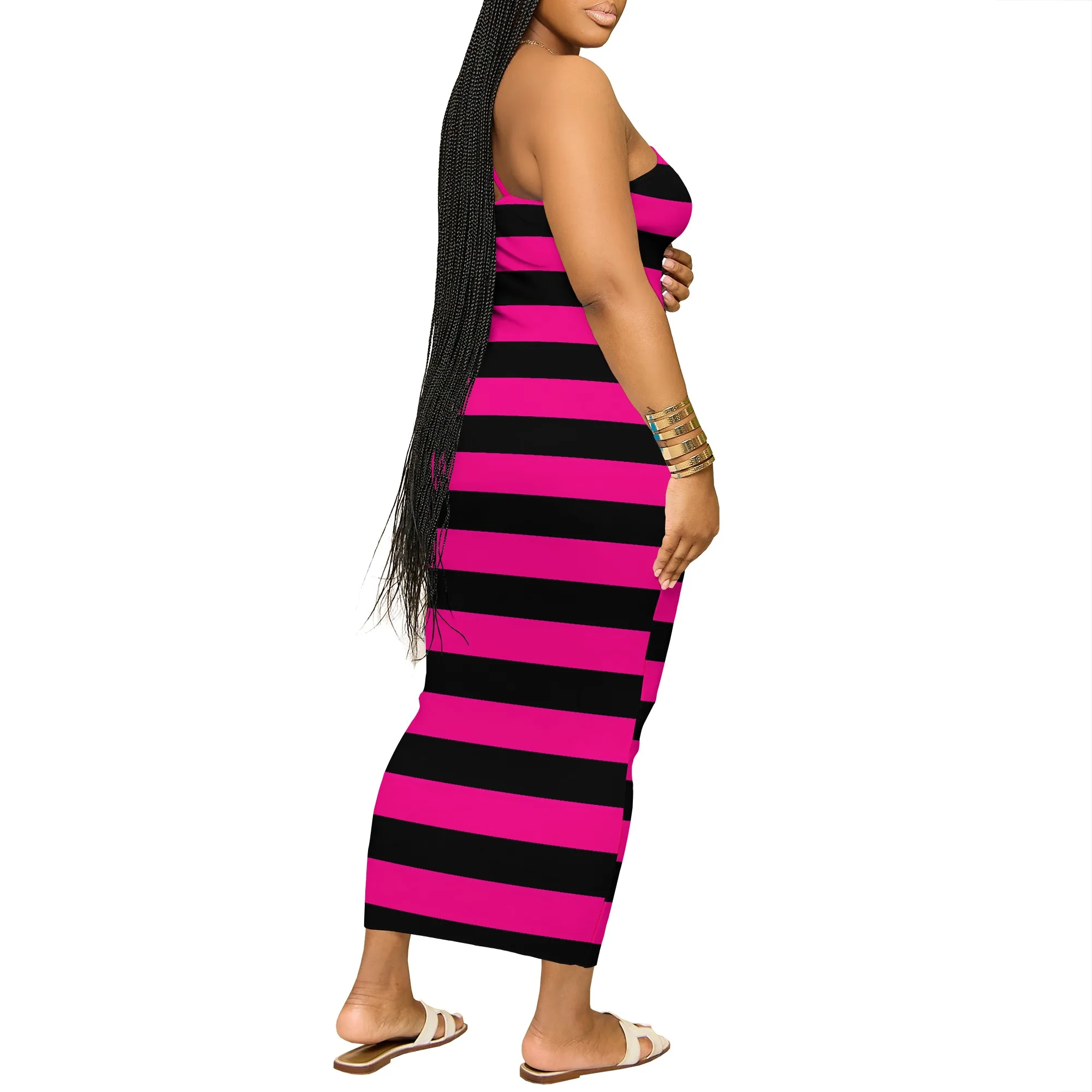 Nupusa Vestido estampado a rayas para mujer Vestido largo informal de verano con tirantes finos de talla regular