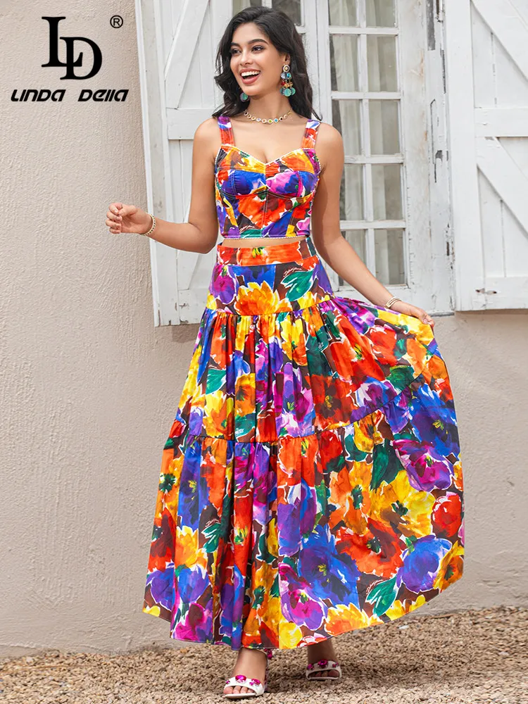 

LD LINDA DELLA New 2024 Summer Fashion Women Skirt Suit Spaghetti Strap Short Top Slim Floral Print Long Skirt two piece suit