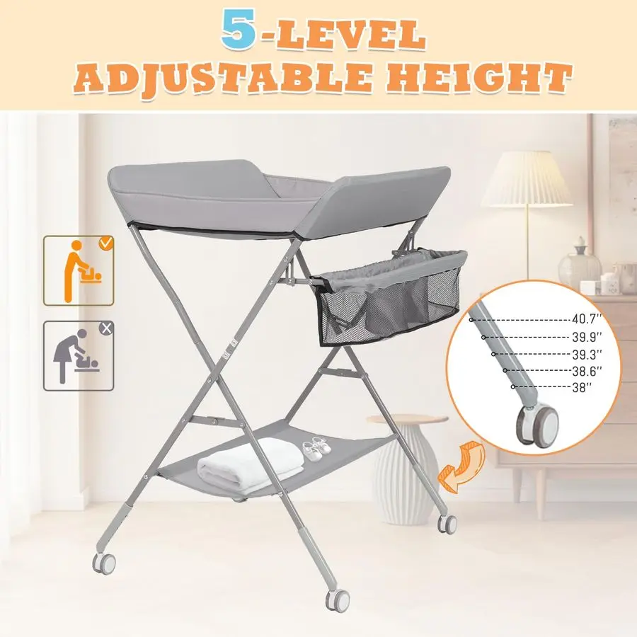 Changing Table for Baby, GIGYES Foldable Baby Changing Station with Wheels amp Adjustable Height, Large Storage Rack amp Shelf,