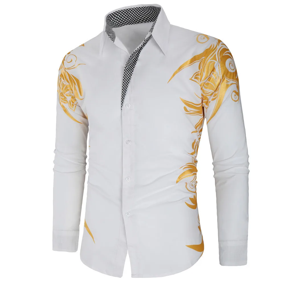 Shiny Gold Foil Print Long Sleeve Shirt Dance Performance Bright Muscle Man Tattoo Color Block Large Size Shirt Standard Fit
