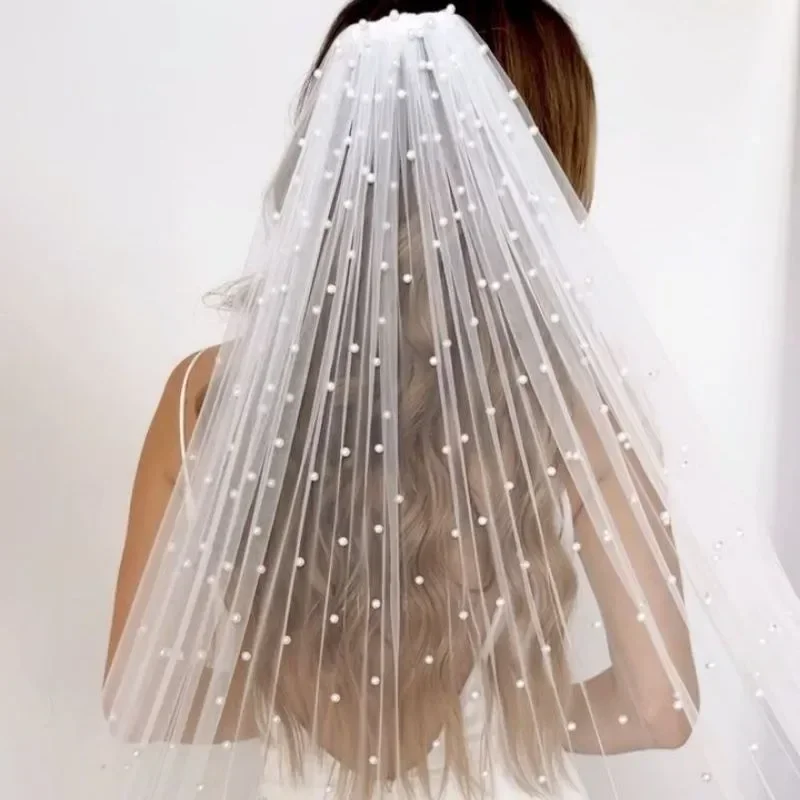 One Layer Pearls Tulle Bridal Veil Soft Beaded For Marriage Bride Cathedral Length with Comb Wedding Accessories