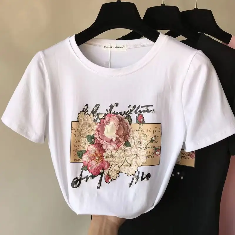 

Pure Cotton Black Short Sleeved T-shirt for Women 2024 Summer New Trend Ins Korean Version Loose Slimming Heavy Nail Bead Print