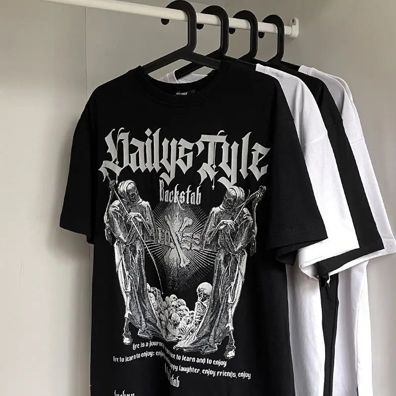 

Heavy Cotton American Creative Skull Print Short Sleeve T-shirt Men's and Women's Summer Fashion Plus Size Loose Half Sleeve