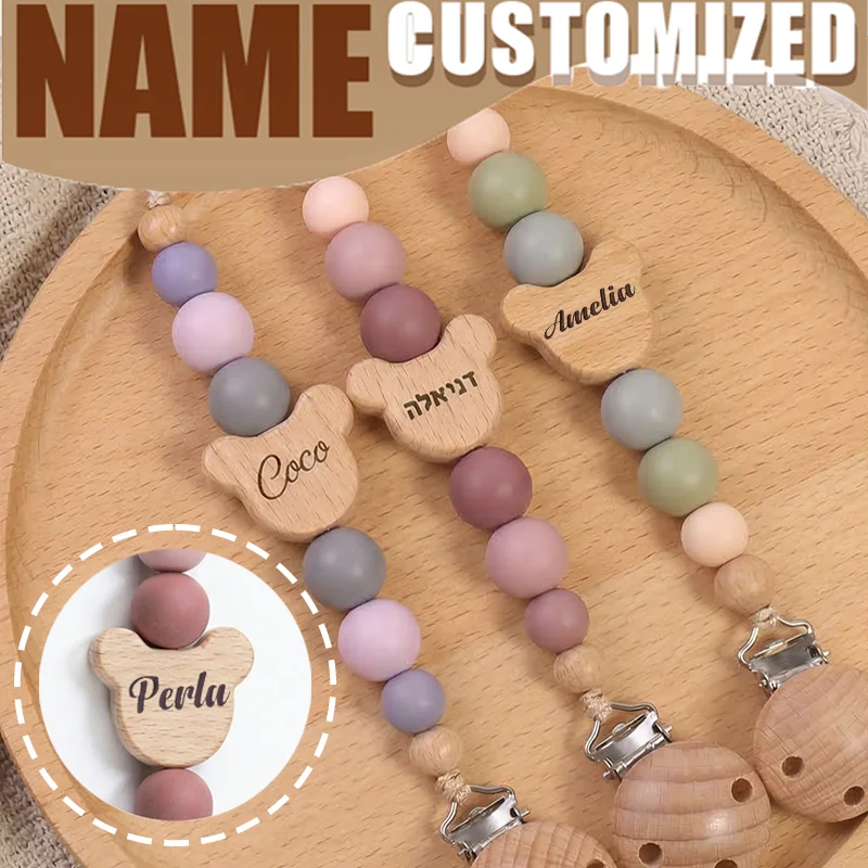 Personalized Fabric Pacifier Clip Holder Hand Embroidered Name Custom Wooden Clip Baby Shower Gift for Newborn Baby
