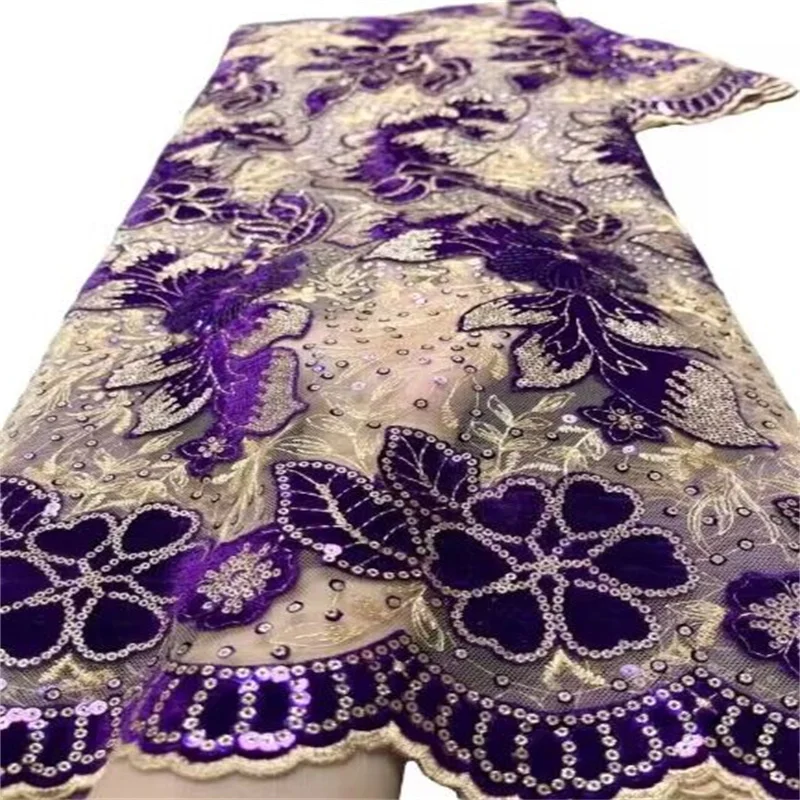 

African purple/Gold Velvet Lace Fabric 2023 High Quality Lace French Nigerian Sequins Lace Fabrics For Wedding Sewing